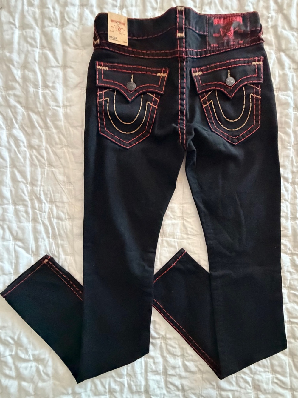 True Religion Rocco Jeans Relaxed Skinny Flap Pocket Black with red Mens 32 x 40